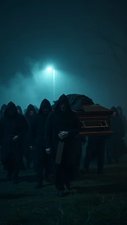 A group of hooded men wearing all black in funeral marching carrying a casket of a dead Man in a foggy dark night in a crave yard