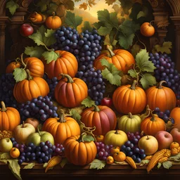 pumpkins, apples, grapes, corn, and more,colorful8k resolution concept art,By Leonardo da vinci,Michelangelo,Raffaello deep color, daytime Lighting, digital illustration, 4K, Hyperdetailed, Intricate Details, 3D shading, Art of Illusion