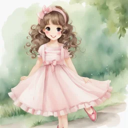 watercolor, full body, different poses, cute smile girl, curly hair, big eyes, long brown hair, pink dress, pink shoes, white backgrownd