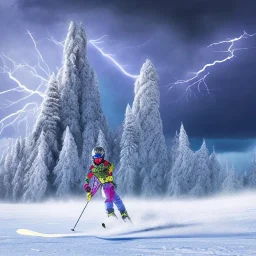 flying warrior on slalom ski in front of ice castle, ski tracks and blue storm clouds and burning lightening