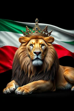 Create A hyper-realistic highly detailed, image of a majestic lion lying down, wearing a royal crown. The lion's fur should be rich and textured, with a regal and powerful presence. Behind the lion, the flag of the Republic of Bulgaria(white, green,red) waves gracefully, its white, green, and red colors vivid and well-defined. The background should be an elegant, deep black, creating a striking contrast that enhances the grandeur of the lion and the flag. The lighting should be drama