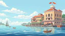 Illustration of a bustling building in shallow water