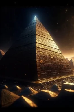 a dice standing on its corner, stars shining, Egyptians with the hair standing straight up in front of pyramid of Babel. 4 k, down light, depth of field, trending art, spray paint, high detail, fantasy art, alien connection, future tech, boxes