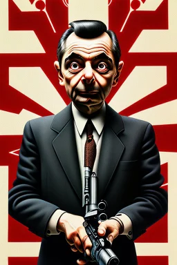 mr bean as the mafia godfather, holding tommygun, 4k, trending art, weird perspective, realism, spray paint, detailed