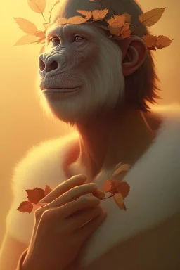 Ape portrait , detailed hands, at dawn by atey ghailan, golden light , white robe, holding leaves and flowers , angels background, volumetric light, high detail, red leaf tree, mountains in background, perfect