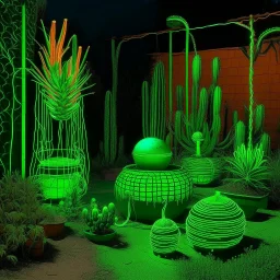 A neon green garden with fly traps designed in Navajo baskets painted by Birge Harrison
