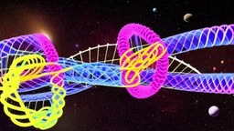 DNA double helix floating in space with the stars and planets