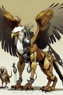 A creature with an eagle's head and a lion's body and two robotic wings