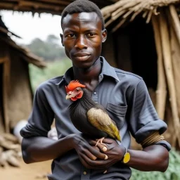 a black man holding a chicken in a village setup real image