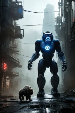 Robot Gorilla, post-apocalyptic in a cyberpunk city, realistic, intriacte detail, sci-fi fantasy style, volumetric lighting, particales,highly detailed,cinamatic, deep