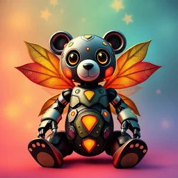 Create fairy robot bear with leaf wings for kids and fairytale multicoloured background
