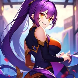 girl, masterpiece, best quality, volumetric lighting, detailed outfit, perfect eyes, long hair, purple hair, orange eyes, ponytail, looking back, laughing, angry,