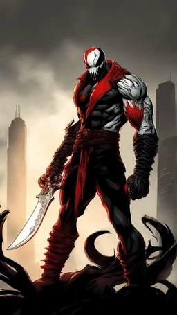 Venom symbiote with kratos red tattoos and Clothes, holding blade of choice