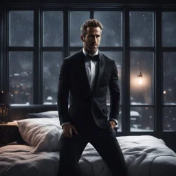 Hyper Realistic Muscular Ryan Reynolds looking handsome in a black tuxedo dressing in a dark-cozy-bedroom with huge-windows at dark-snowfall-night