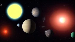 alien planet with several moons in deep space