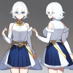 Clear focus, High resolution, rough line sketch art, short fluffy white hair, hair between eyes, fluffy hair, blue eyes, wearing a sleeveless shirt, wearing a a pleated skirt , detailed outfit, lots of details, bow on belt, white belt, white and blue everywhere on outfit, cut sleeve, yellow chains around outfit, concept art