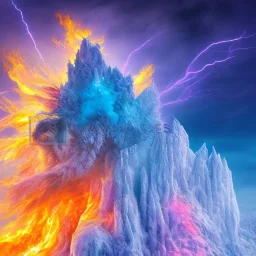 close up of colorful bird in front of exploding ice castle, ski tracks and blue storm clouds and burning lightening