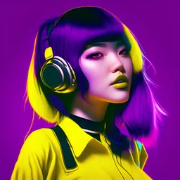 black purple hair korean girl neon light yellow background detailed full body atmospheric matte makeup highly saturated colors sharp focus retro design young age middle length hair dark tones nosering earring headphones smile