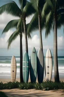 Image of coconut trees and beach and surfboard