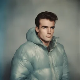 Actor montgomery clift, blue, autochrome, plastic puffy jacket
