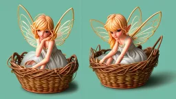 Fantasy style illustration: small, cheerful fairy with golden hair, sitting in a small basket. The basket is an earring on the ear of a big giant.