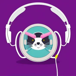 die cut sticker of cute cyber animal with headphones, 2D, flat illustration by bryen frost, cyberpunk, minimal, vector style