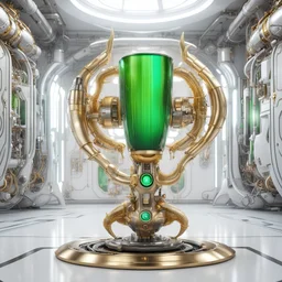 a futuristic electronic cup with a golden handle on a hydraulic cylinder, with a green drink inside, on four golden round legs with white silver dragon-shaped frame ribs, in a futuristic white enclosed room where electronic displays, 3d, steampunk hang on the walls without windows.