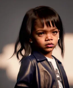 Rihanna toddler, full body, leather jacket, soft skin, dramatic lighting, hyper realistic