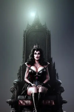 painting of lisa ann as evil queen in black leather, sitting on a throne, leather, angry, stern look, volumetric lighting, particales,highly detailed,cinematic, deep colours,8, highly detailed, digital painting, artstation, concept art, smooth, sharp focus,