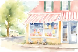 Small Town Ice-Cream Parlor... Prompt: A watercolor depiction of a picturesque, small-town ice cream parlor with vintage decor, bathed in the soft, warm hues of a summer afternoon, exuding the comfort and joy of sweet, simple pleasures #watercolor #MJ
