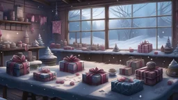 Create an image illustrating the enchantment of preparing gifts in a winter wonderland. Show a cozy indoor space with a large table covered in wrapping paper, ribbons, and a variety of gifts waiting to be wrapped. Outside, portray a serene snowy landscape with delicate snowflakes falling gently. Capture the contrast between the warm, inviting indoor scene and the wintry outdoor setting. Emphasize the process of wrapping presents while incorporating the beauty of the snowy, serene environment sur