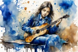 <lora:Story Book:1.0> blue sepia, mail art, masterpiece of impressionism, a girl in blue leather sits with a guitar in her hands, watercolor, quick painting, drips, splashes, stains, complex detailing, multicolor,