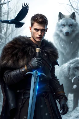 super realistic, young man, viking warrior, short dark brown hair, dark blue eyes, tall, leather and cloth clothing, fur cloak, with a sword with blue shadow aura, show whole body, show full body including legs, background is a snowy forest, one raven flying in the background, a fierce gray wolf in the background