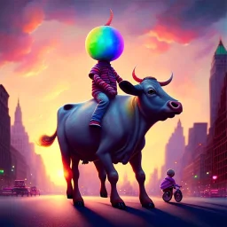 A one-year-old boy rides on the cow in the middle of a busy street in new york. photographic, bright colors and sunset, fantasy art, Anna Dittmann, digital painting, dan mumford, oil on canvas, jeff koons, akihito yoshida, wlop, kodachrome.