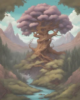 a magical tree, fantasy, detailed ,mountains and forest background, by babsdraws