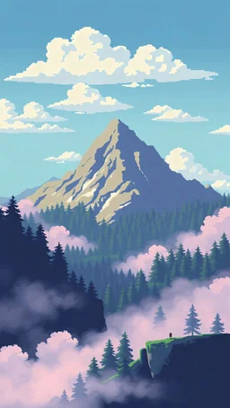 A parallax pixel art background for a vertical 2D platformer game with clouds and a forested mountain in the background, light colors, clouds on a different layer