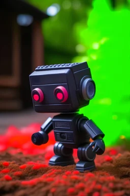 bricklaying adorable cute chat ninja robot in garden, with short punk hair and real human eyes, its such a perfect day, motion blur, smoke, 8k, downlight, soft light, depth of field, photorealism, trending on art station, lotsa detail