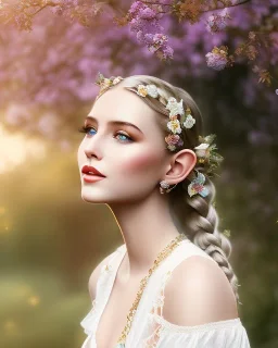 young elf woman, countryside, blonde braids, trees, magic, motif, white dress, cinematic, forrest, happy, 3d art, alfons mucha, photography, smile, nature