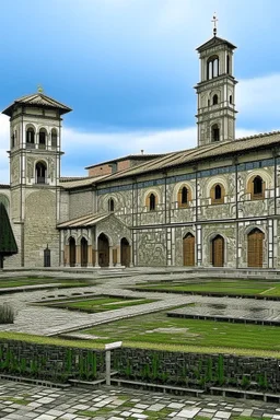 A gray monastery made out if steel designed in ancient Roman mosaics painted by Vincent van Gogh