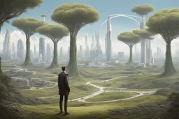 man standing in open countryside, with trees on one side and a pristine futuristic city on the other side