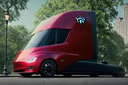 A Tesla 'Semi' (semi truck) is parked, in 'Central Park' in New York City. (CINEMATIC, WIDE ANGLE LENS, PHOTO REAL)