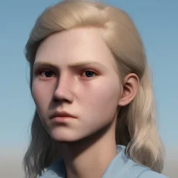 16 years old women, named Gretchen Marie Bernath - light-blonde hair, round blue eyes, medium cold skin tone, defined jawline and cheek bones, full eyebrows, natural, mature, warrior, hard worker, strong, muscular, enduring, cocky, caring, dramatic, confident