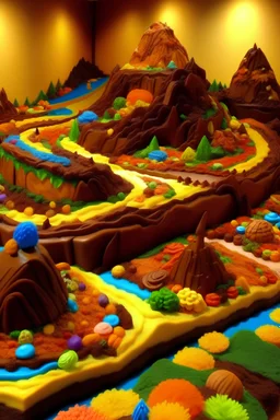 colline di caramelle di ogni tipo con fiume di cioccolato