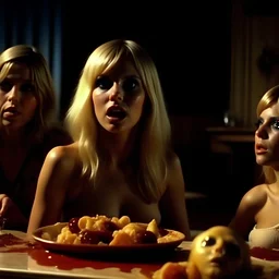 Horror movie shot, hot party, breest, die, ultra realistic, dine, pastel, ultra chaos, realistic hot blonde women, pieces of meat, monster, horn, De Chirico, satanism, pieces of organs, light, 1970's Italian horror movie, sinister, Dario Argento, Stanley Kubrik, ornate, 4k, photorealism