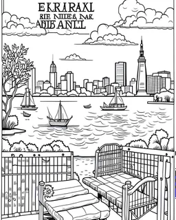 Create a serene black and white coloring page showcasing the peaceful waterfront of Battery Park, offering a picturesque view of the harbor and the distant Statue of Liberty. Remove the black background to make it an enjoyable coloring experience for both kids and adults.