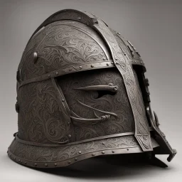 a combat knight helmet, intricately carved, etchings, designer, highly detailed