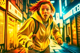 Close up image of 2 subjects, 1girl with auburn colored hair, wearing long sleeve white dress with hood, (running towards camera), (woman looks scared), frightened, running for her life, running away from man wearing armor, getting grabbed by man, down a dirty city alley, futuristic city at (night:1.4), blue and yellow neon signs, chase scene, action scene, thick outlines, comic book style, dynamic camera angle, realistic skin, realistic hands, perfect hands, action lines, motion blur background