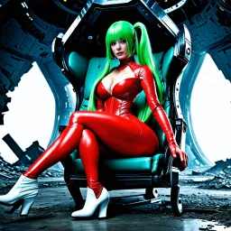 White woman with long green hair, a good, athletic body, nice legs, and a large bust, dressed in a red latex suit and white boots, sitting in an alien-like technological chair, with a destroyed spaceship in the background.