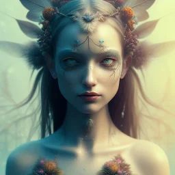 Portrait of beautiful girl, plant, metal, feathers, Dryad, fae, sidhe, ominous, nature, plants, wildflower, facepaint, dnd character portrait, intricate, oil on canvas, masterpiece, expert, insanely detailed, 4k resolution, retroanime style, cute big circular reflective eyes, cinematic smooth, intricate detail , soft smooth lighting, soft pastel colors, painted Renaissance style,sharp fucus, bokeh,macro lens, 1500mm lens