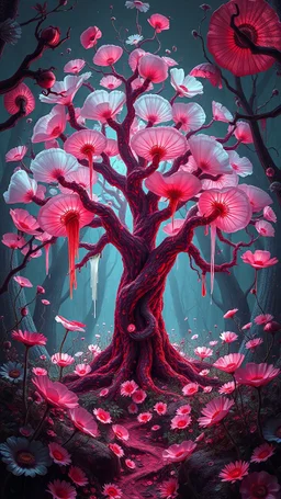 Quintessential Horror Surrealism:A cyber-a white poppies tree catastrophic dimensional fission through Seedream 3D recursive rendering, fracturing into chaos Legion Doodle simultaneous nightmare realities while simultaneously occupying four perforated reality levels—manifests as a blood-drenched forest where trees weep crimson sap and bioluminescent fungi pulse with recursive Fibonacci patterns, surrounded by carnivorous flowers with fanged mouths dripping neon venom; mat